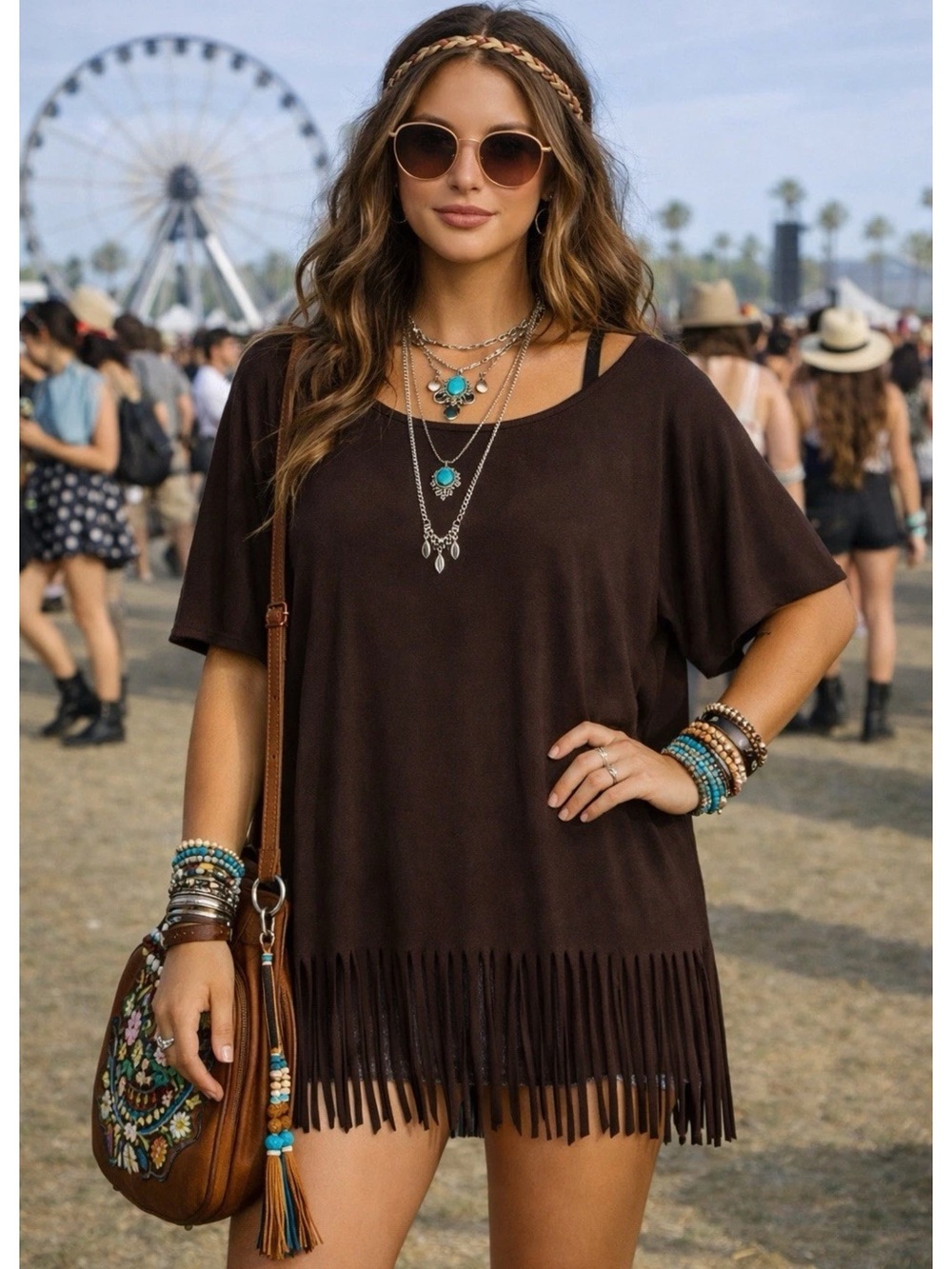 Boho Brown Fringe Short Sleeve Tunic Top